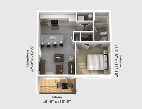 Floor plan for 1 bed, 1 bath, 551 sqft